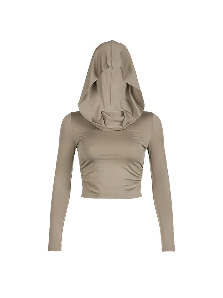 Women's Hooded Crop Tops Autumn Solid Color Long Sleeve