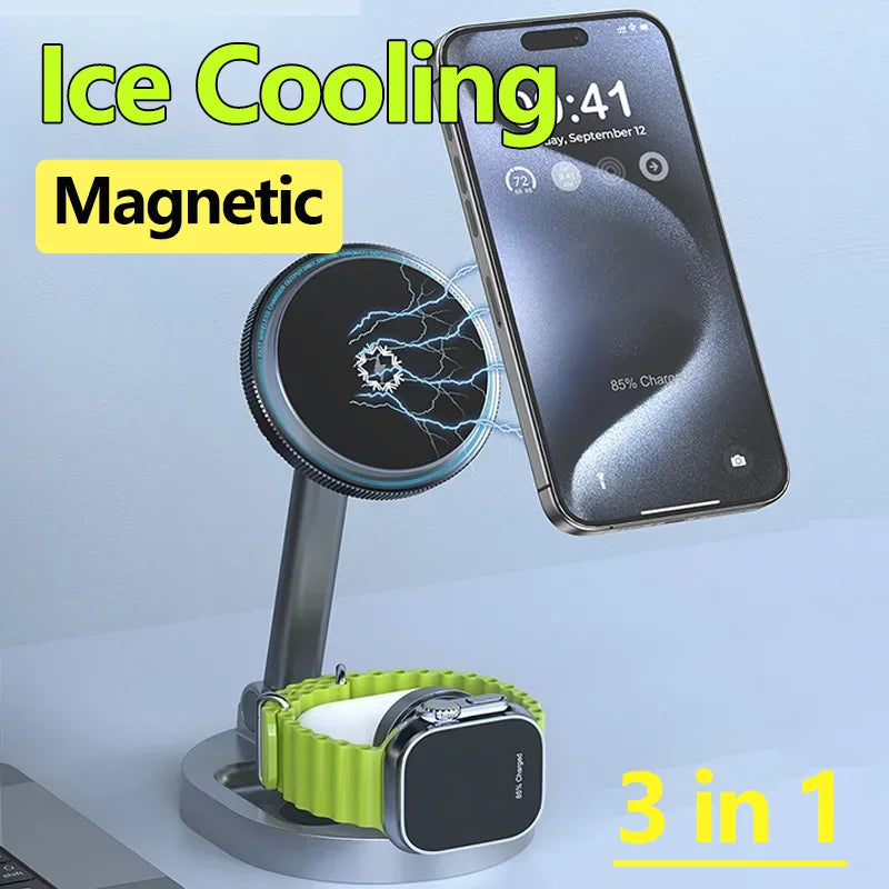 ice Cooling 3 In 1 Magnetic Wireless Charger Stand Pad Foldable Fast Charging Dock For iPhone 15 14 13 12 Pro iWatch 8 7 Airpods