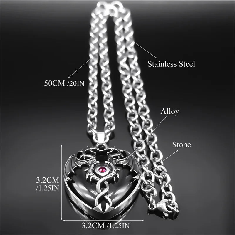 Goth Double Dragon Heart Black Stone Necklace Men Women Stainless