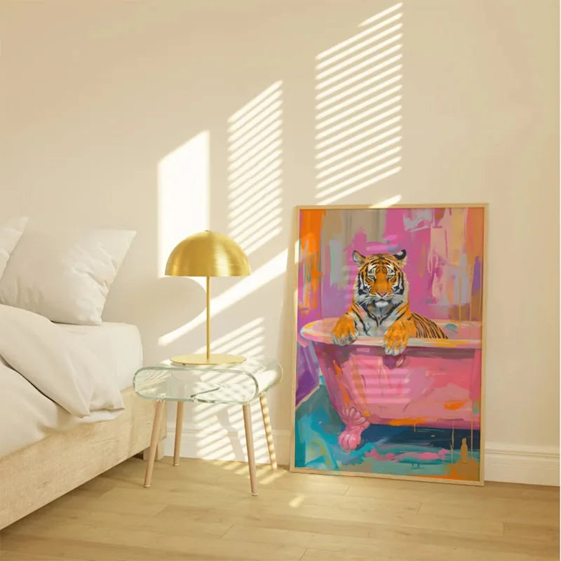 Colorful Bathtub Animal Tiger Zebra Black Cat Aesthetic Canvas Painting Nordic Bathroom Wall Art Poster Living Room Home Decor