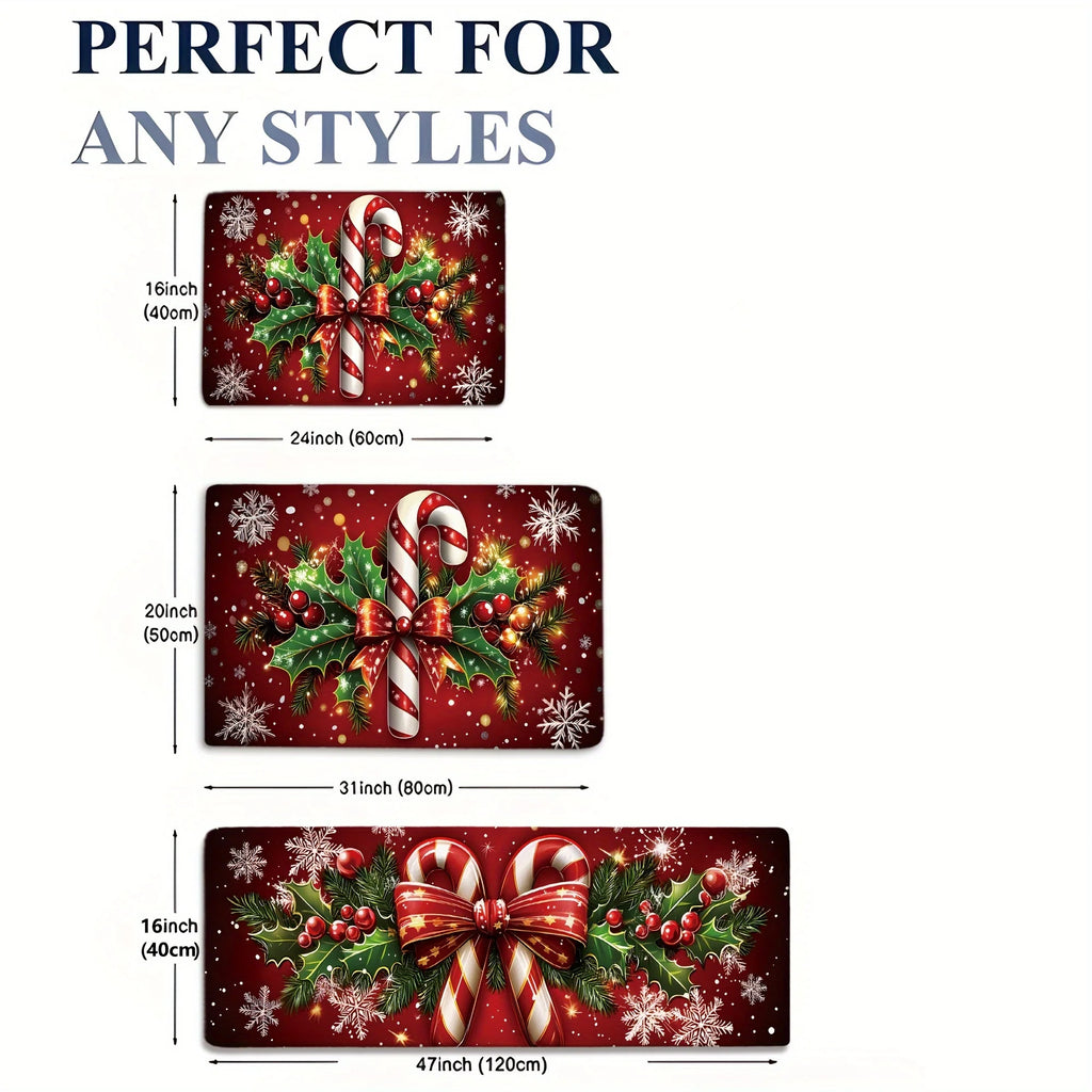 VIKAMA Merry Christmas Winter Decor Candy Canes Holly Snowflake Kitchen Mat Christmas Holiday Atmosphere Decor Festive Home Gift