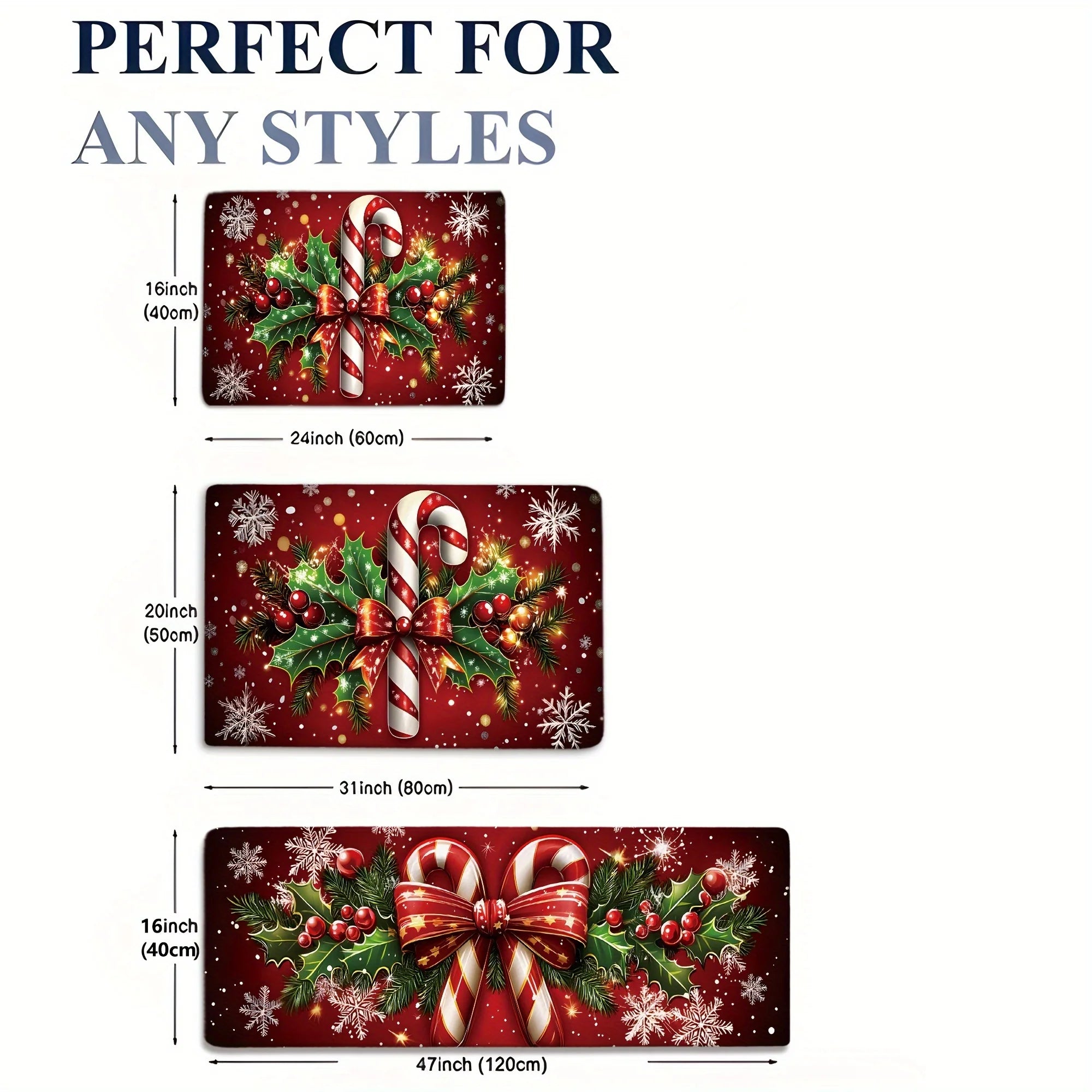 VIKAMA Merry Christmas Winter Decor Candy Canes Holly Snowflake Kitchen Mat Christmas Holiday Atmosphere Decor Festive Home Gift