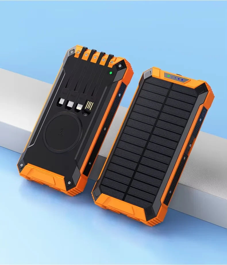 New Solar Power Bank 20000mAh Mobile Power Fast Charging Battery multifunctional With 4 Cables Wireless Charger LED Flashlight