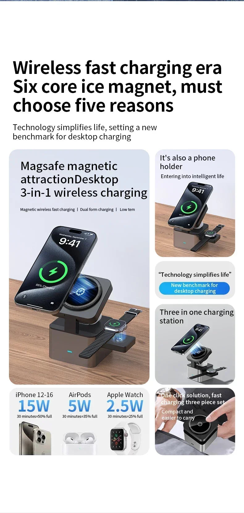 ice-Cooling For Magsafe Wireless Charger Station Stand For iPone 16~12 Pro Max/iWatch 10~2 SE/AirPods 4 Pro 3 in 1 Fast Charging