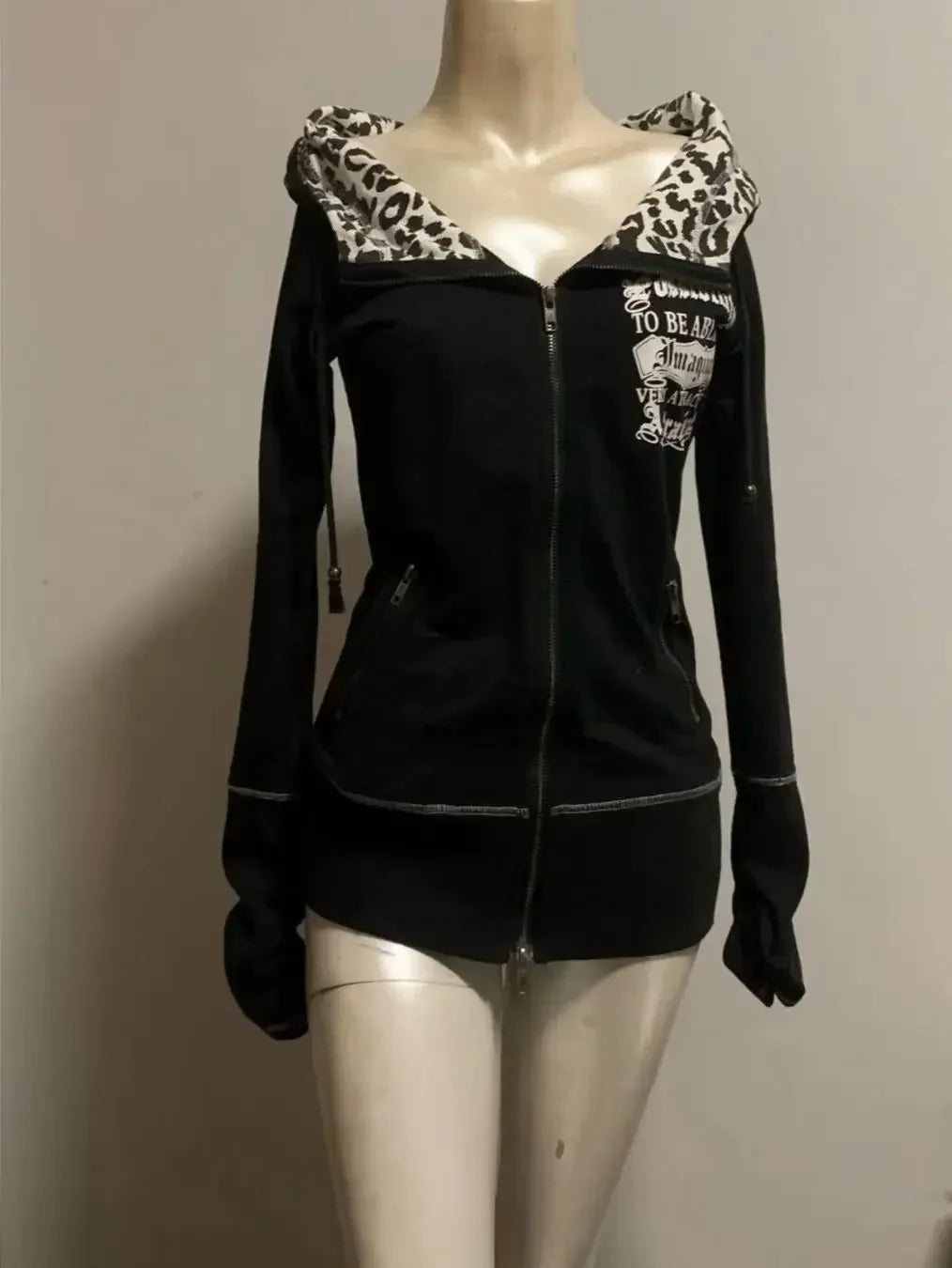 American retro casual hooded sweatshirt jacket for women leopard print stitching design slim hot girl sexy autumn jacket top