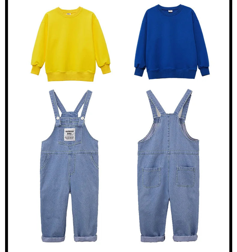 Boys Hip Hop Solid Sweatshirt Denim Loose Overalls Girls Crop Top Kids Dungaree Child Jumpsuit Street Dance Romper Streetwear