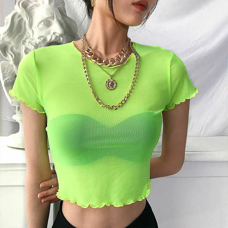 Summer Neon Color Perspective Mesh Short Top T-shirt Bikini Beach Cover Simple Versatile Crop Tops Y2k Nightclub Streetwear 2024