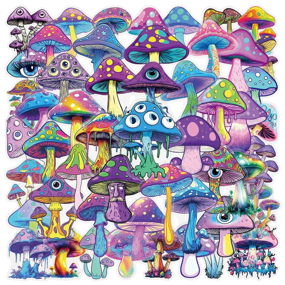 50 Pcs Transparent Iridescent Mushroom Stickers - PET Decorative Decals for Notebooks, Phone Cases, Tablets, Motorcycle
