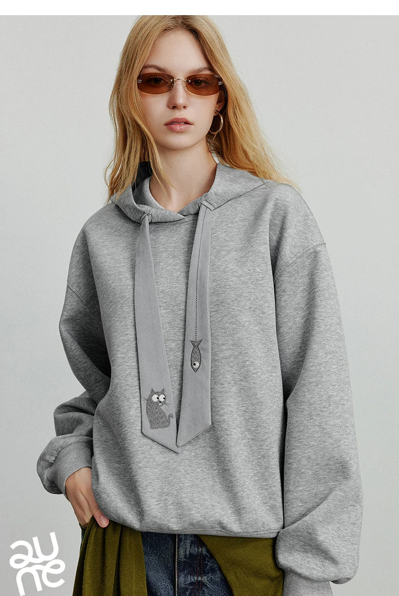 TOYOUTH Women Hoodies Sweatshirt 2025 Autumn New College Style Cat Embroidery Tie Cotton Hooded Pullover Tops
