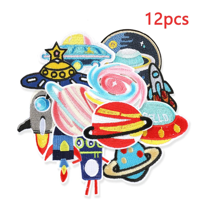 12pcs Lot Patches For Clothing Kids Boys Space Bulk Star UFO With Iron On Embroidered Diy Naszywka Thermal Parches Designer Sew