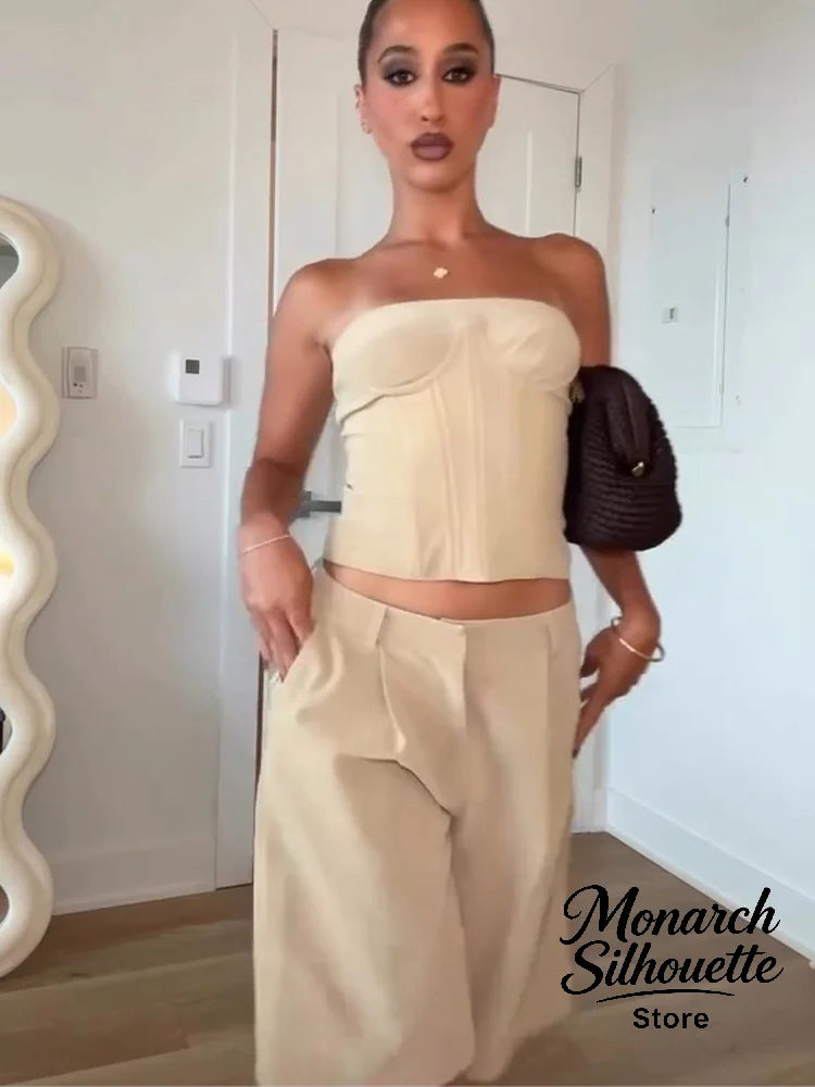 Beige Strapless Corset Shorts Set Women Y2K Sleeveless High Waist