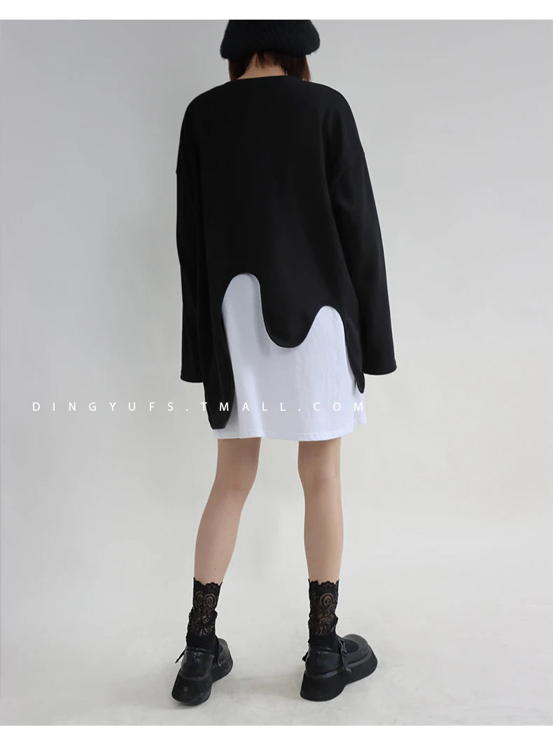 SuperAen Spring Summer 2023 New Sweatshirt Women's New Design Irregular Loose Long Sleeves Round Neck Layered Top