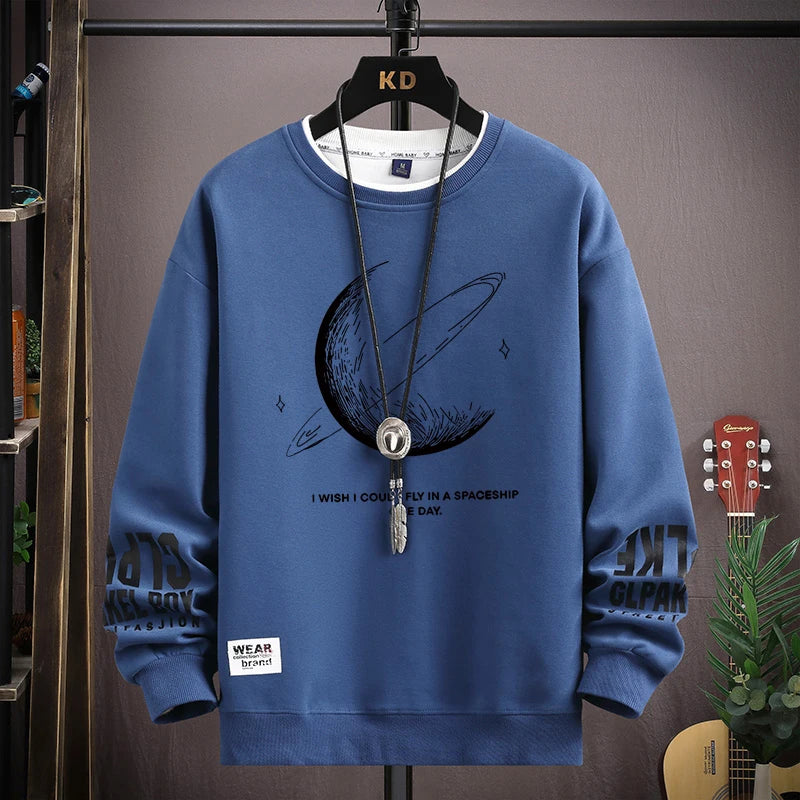 Autumn Men's Sweatshirt Cool Moon Print Long Sleeve T-shirt Fashion Men's Clothing Grey O Neck Harajuku Exclusive Design Top New