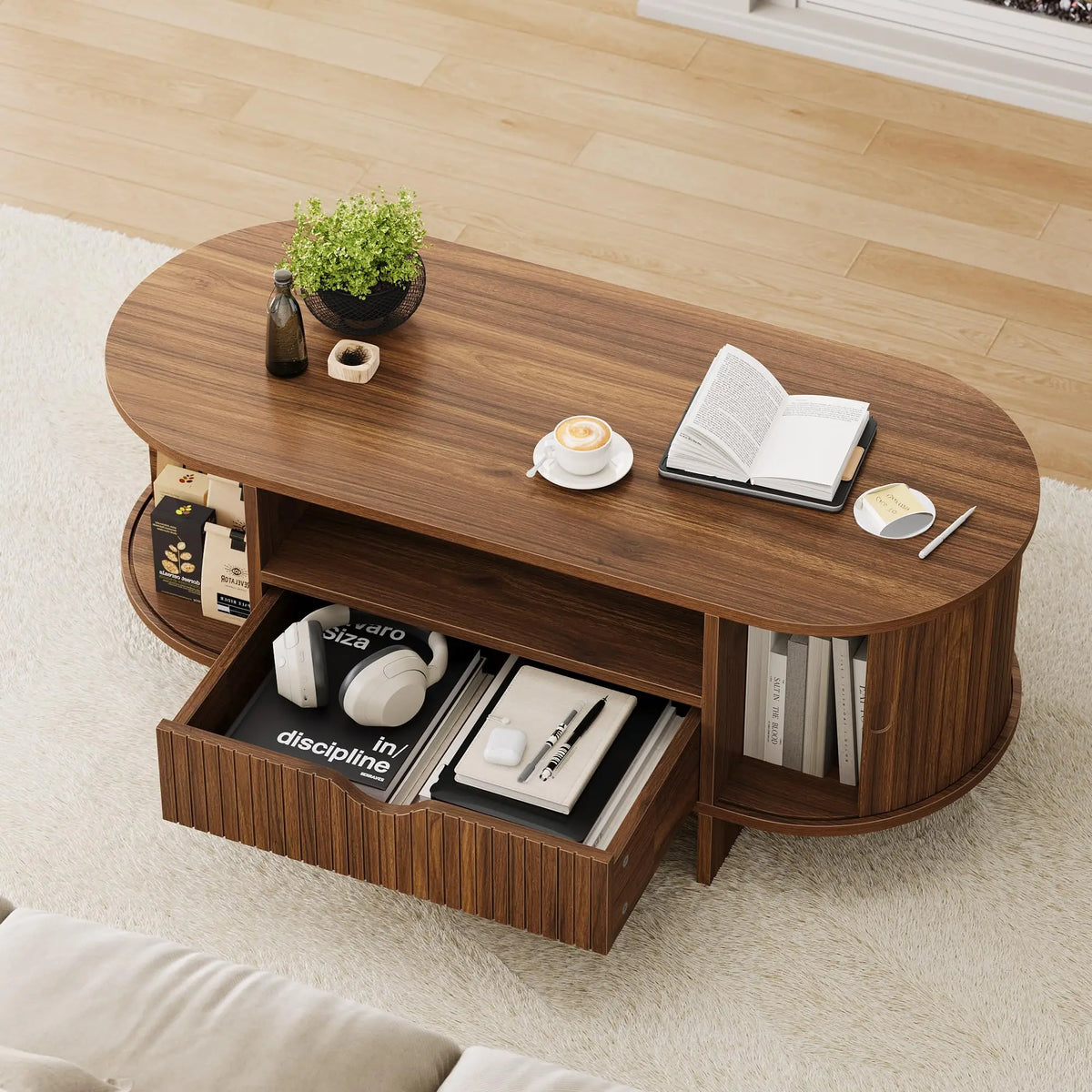 47.2in Oval Coffee Table with Storage Wood