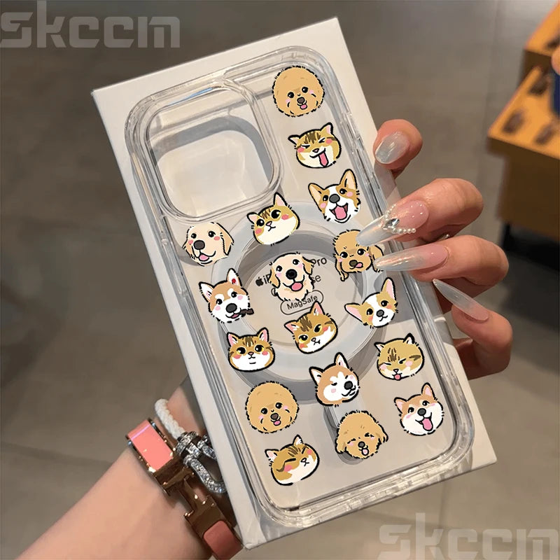Cute Dachshund Bulldog Pattern Magnetic Phone Case For iPhone 17 16 15 14 13 12 11 Pro Max 16E X XS XR Clear Hard Cover