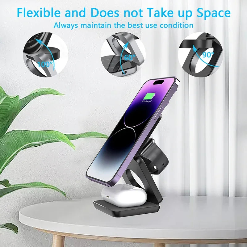 3 in 1 Foldable Magnetic Wireless Charger Stand Macsafe for iPhone 15 14 13 12 Apple Watch 8 7 6 Airpods Fast Charging Station