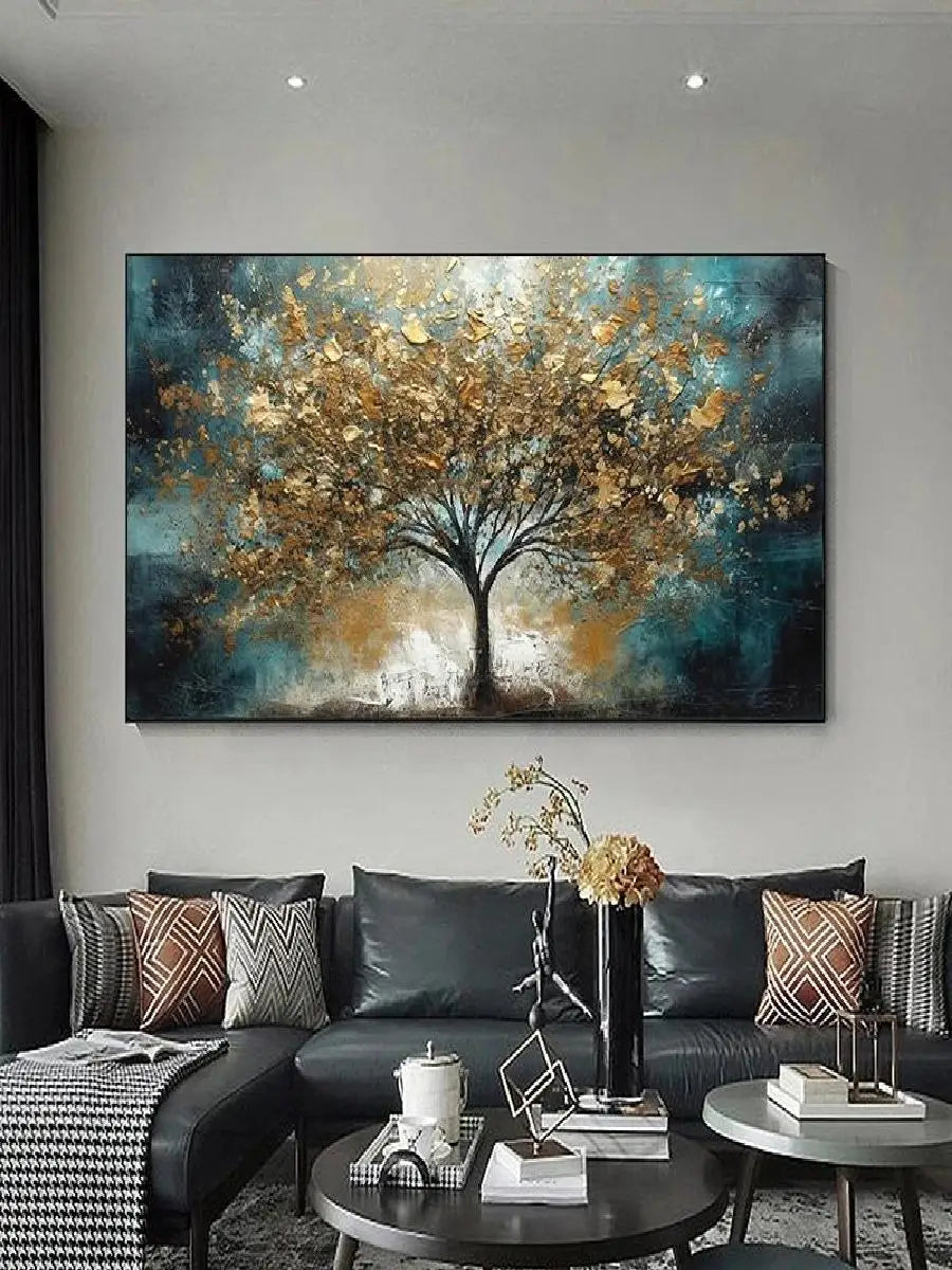 Elegant Abstract Gold and Blue Winter Tree Canvas Painting  Rich Landscape Wall Art for Living Room Decor  Premium Tree Posters