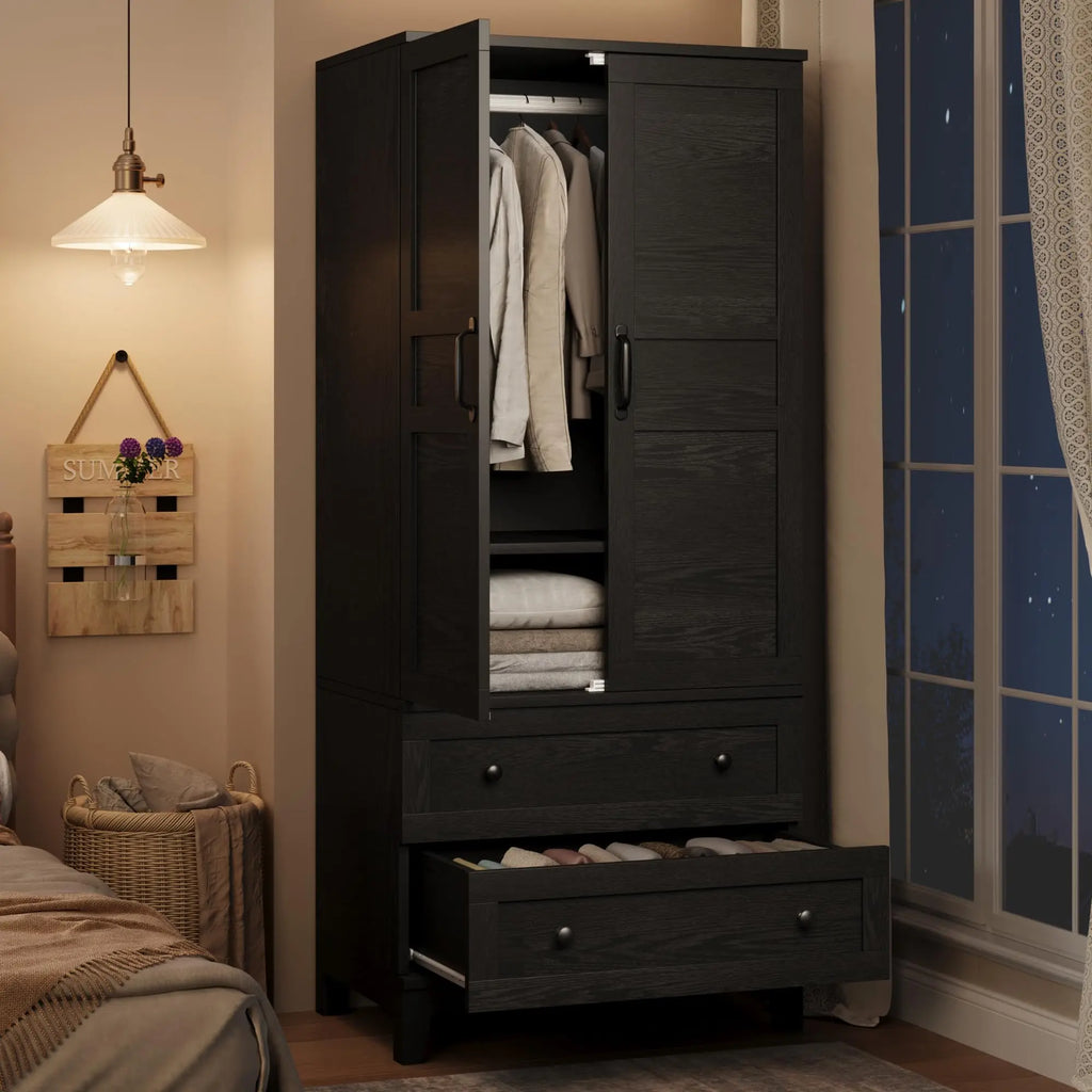 72" Tall Wooden Wardrobe Closet with 2 Drawers Adjustable