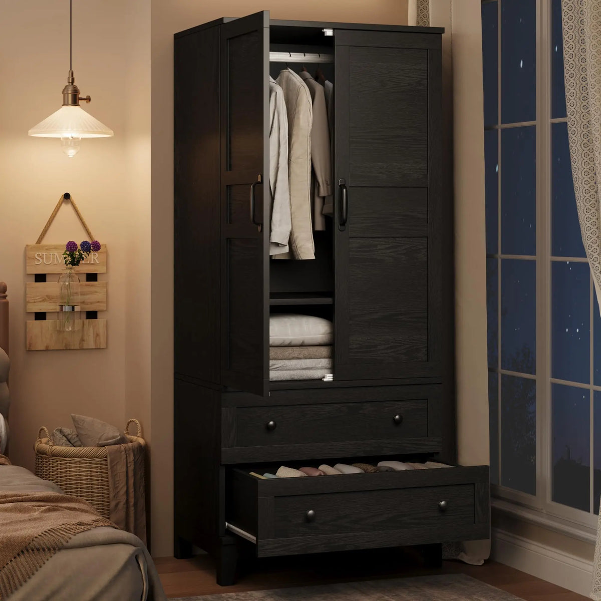 72" Tall Wooden Wardrobe Closet with 2 Drawers Adjustable