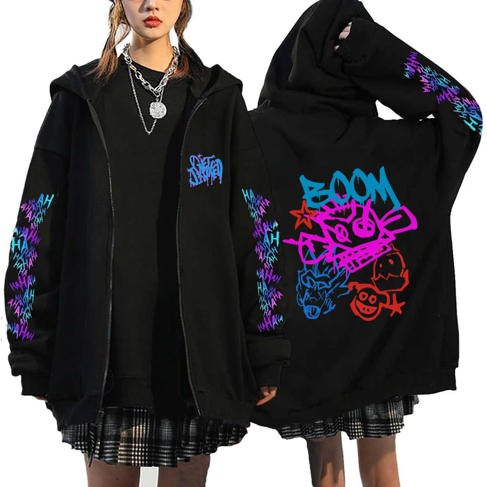 Arcane-Jinx Zipper Hoodie Harajuku Anime Monkey Graffiti Pullover Sweatshirt Men Women Streetwear Gothic Game Lover Zip Hoodie