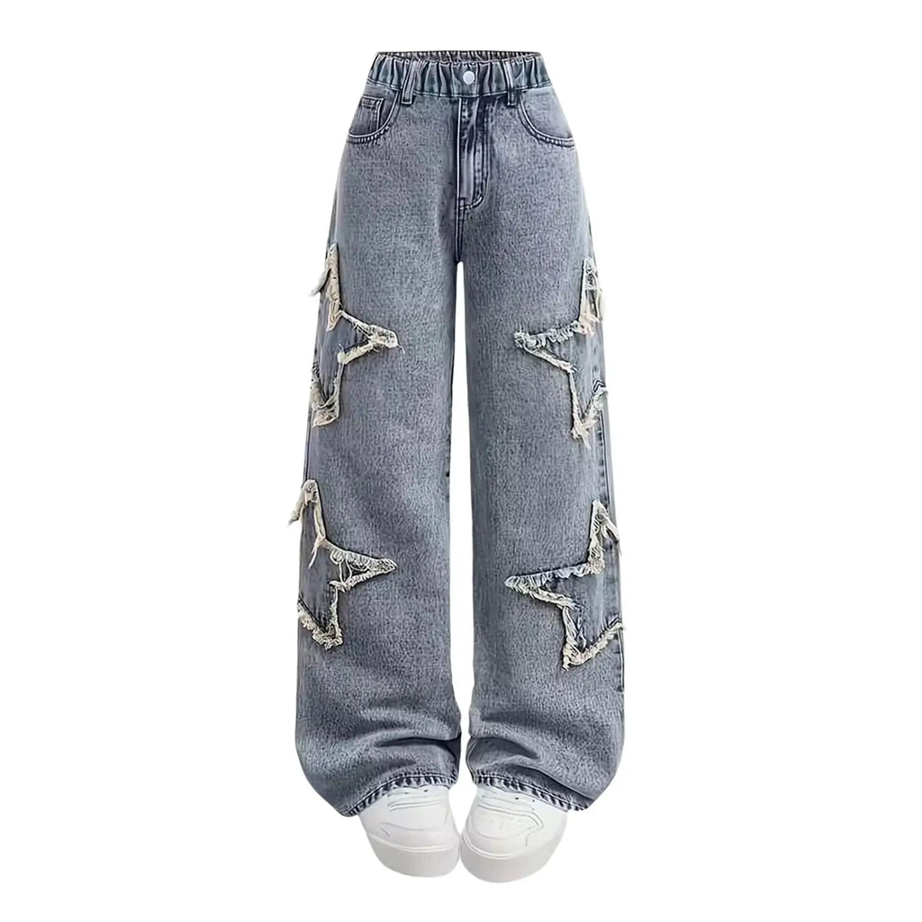 Fashion Teenager Girls Denim Pants Boys Star Raw Edge Patchwork