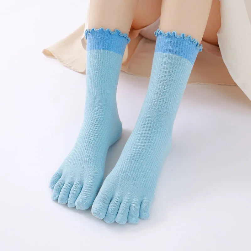 New Splicing Color Ruffle Edge Five Toe Socks For Women Sweet INS 5 Fingers Middle Tube Socks Soft Cotton Elastic Split Toe Sock