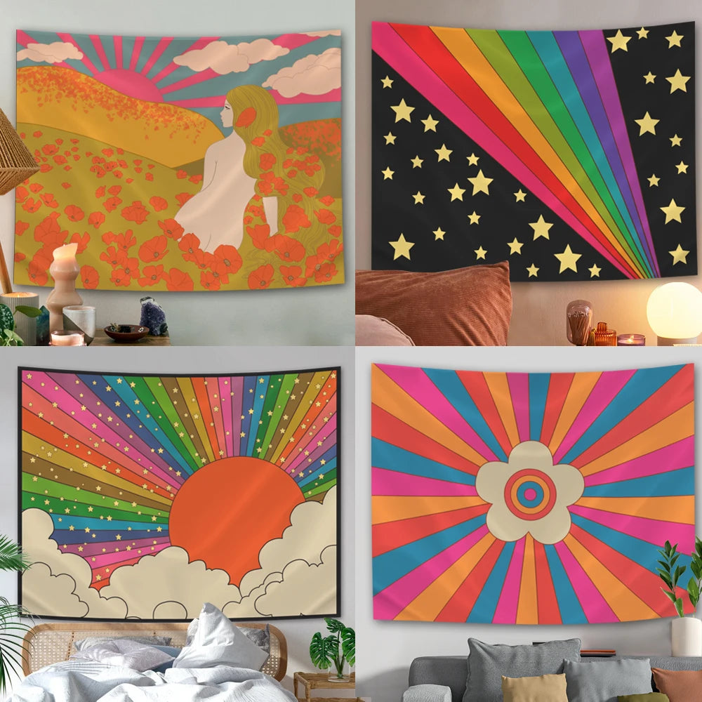Boho Sun Tapestry Wall Hanging Moon Phase Rainbow Tapestries Bedroom Decor Bedspread Throw Cover