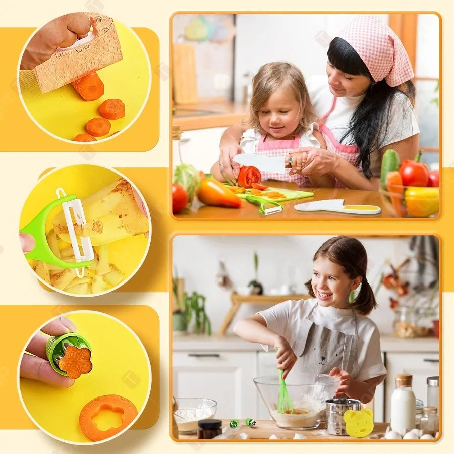 17 Pieces Kids Cooking Set Real Montessori Kitchen Tools Toddler Safe Serrated Edges with Plastic Knife Cutting Board Scissors
