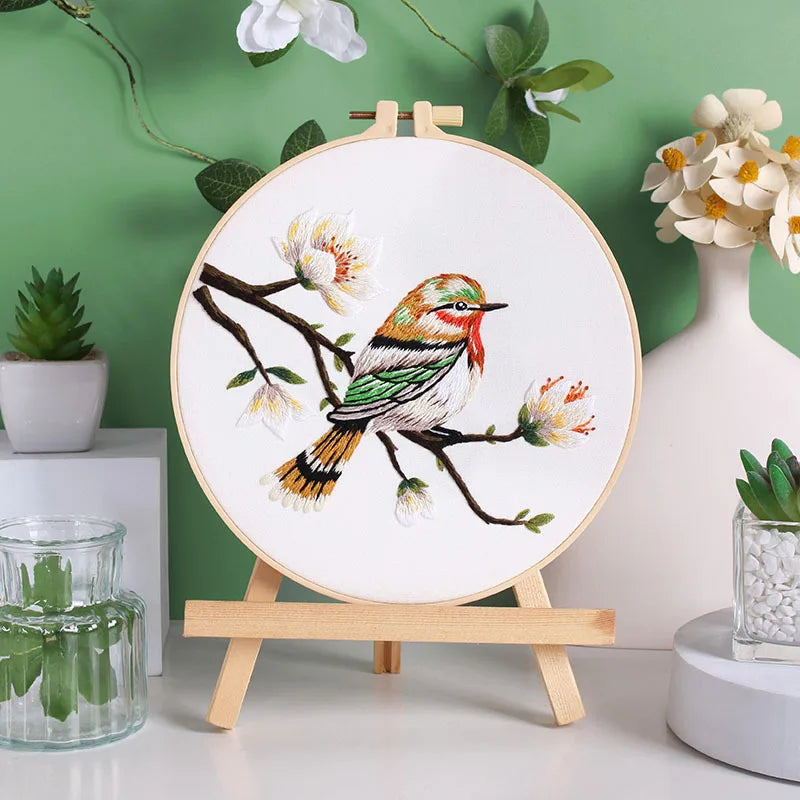 Bird Flower Chinese Wind Embroidery Kit with Instruction Needle Cloth with Pattern for DIY Craft Kit Home Decor