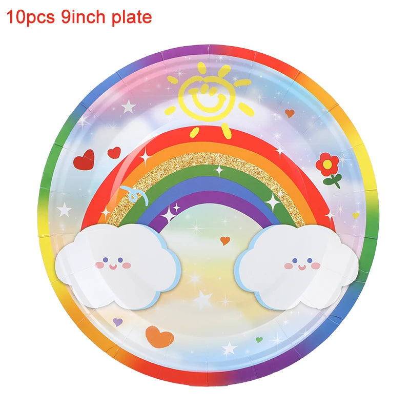 Rainbow Party Tableware Set Paper Plates Cups Napkins Tablecloth Banner Kids Boy Girl Happy Birthday Party Decoration Supplies