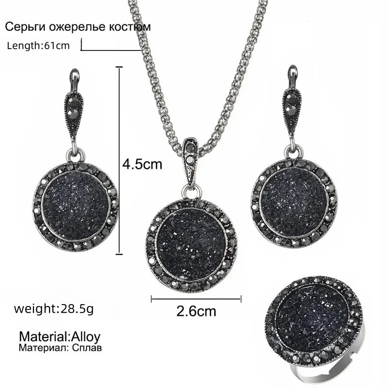Fashion Black Ring Necklace Earrings Set Sparkling Charm Crystal