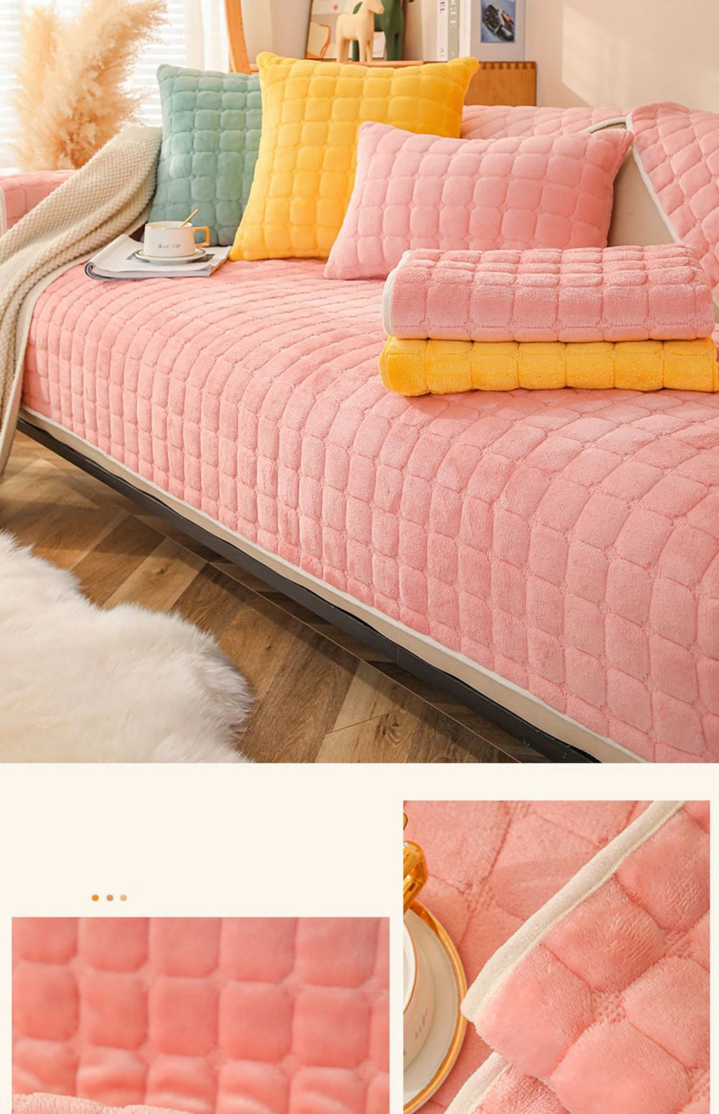Soft Sofa Cover Thickened Solid Colour Flannel Square Quilted Sofa Cushion Warm Plush Velvet Non-Slip Universal Sofa Backrest