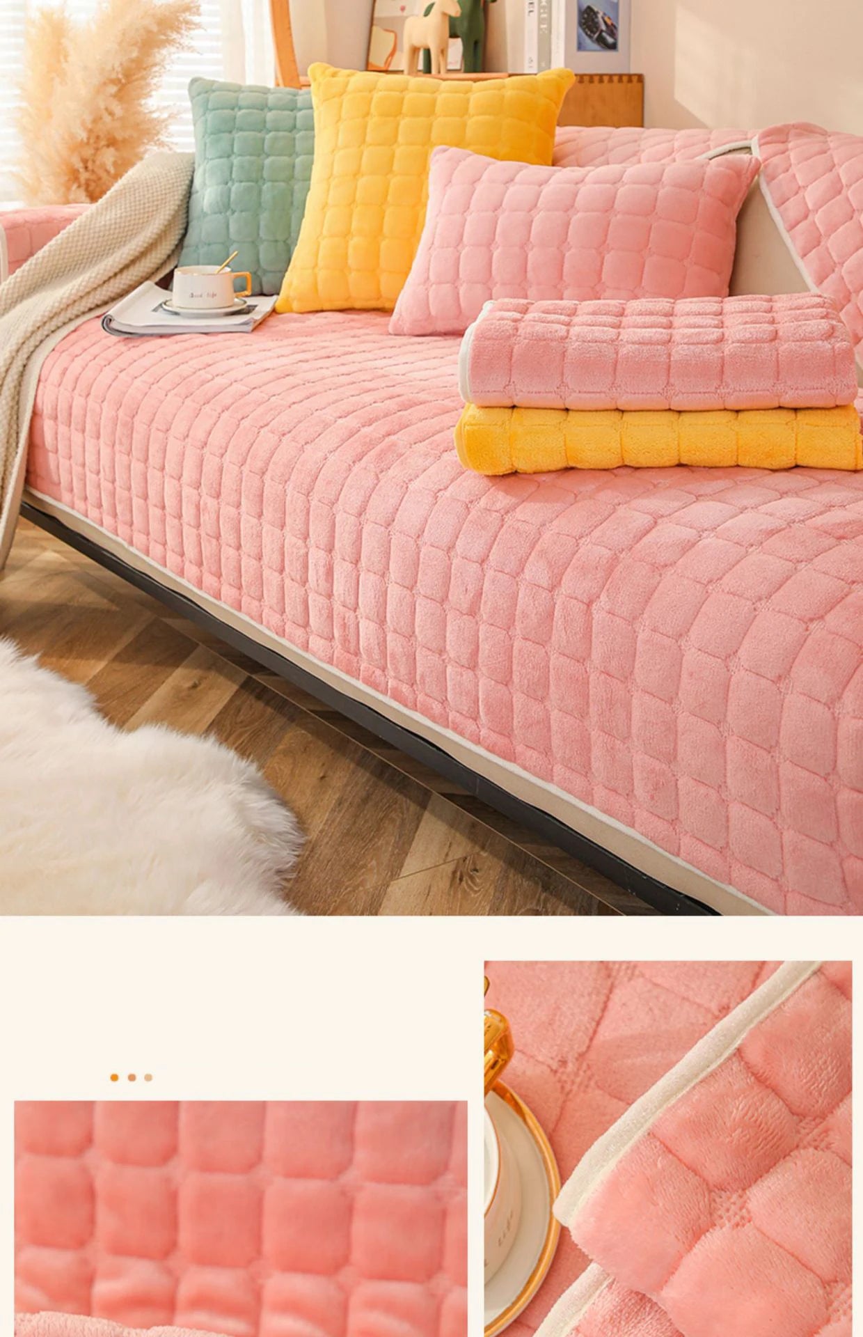Soft Sofa Cover Thickened Solid Colour Flannel Square Quilted Sofa Cushion Warm Plush Velvet Non-Slip Universal Sofa Backrest