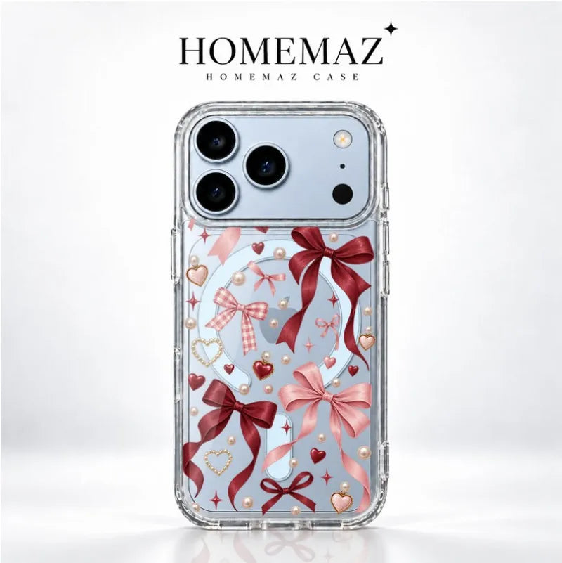 Romantic Bow Heart Clear Case for iPhone, Pearl Ribbon Graphic Shockproof Cover with Raised Camera Edge, Slim Transparent Protective Phone Case