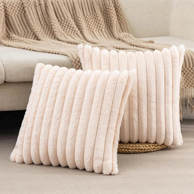 Artificial Rabbit Fur Square Cushion Cover Simple Stripe Super Soft Pillowcase 45x45 Cm Sofa Decorative Cushion Cover
