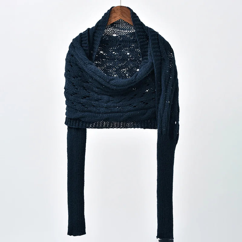 Woman Knitted Shawl Scarf With Long Sleeve Autumn Winter Outdoor Warm Soft Windproof Hollow Out Crop Top Shawl Scarf 210*33cm