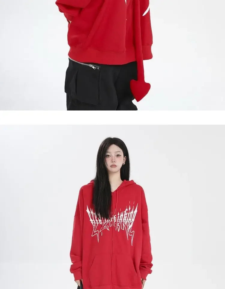 Japanese Zip Up Devil Horns Hoodies Women Harajuku Punk Gothic Sweatshirt Fairy Grunge Jacket Coat Streetwear Alt Emo Clothes