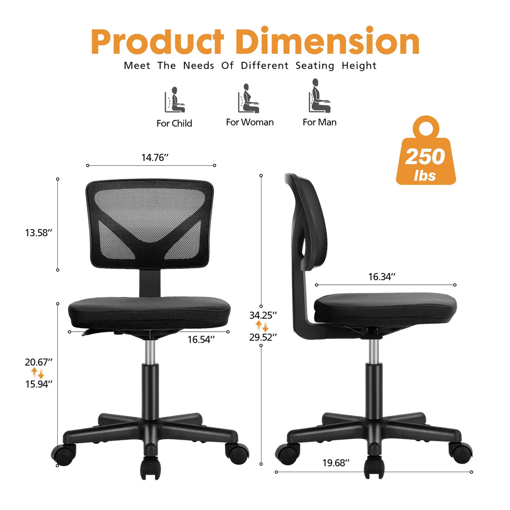 JHK Mesh with Lumbar Support Armless Office Chair Low