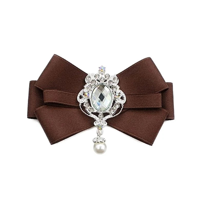 Ribbon Bowtie Brooch Pin Student Uniform Pre Tied Necktie Clip Vintage Brown Plaids Bowknot Corsage Shirt Jabot Collar