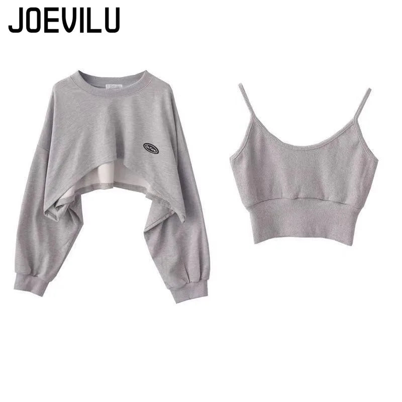 Oversized Crop Sweatshirt and Spaghetti Strap Top Women's Streetwear 2 Piece Set 4 Color Options Sweatshirts Kpop Casual Clothes
