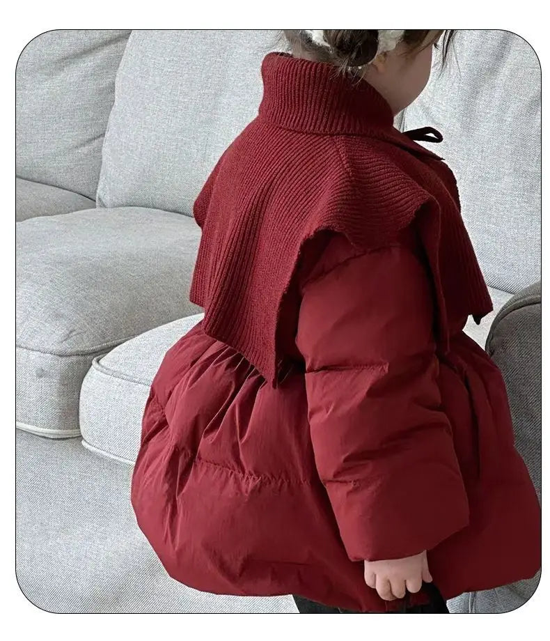 Beige/Red Girls Baby Winter Coats Knitted Shawl Thick Warm Jackets Fashion Kids Children Princess Clothes Overcoats Outerwear