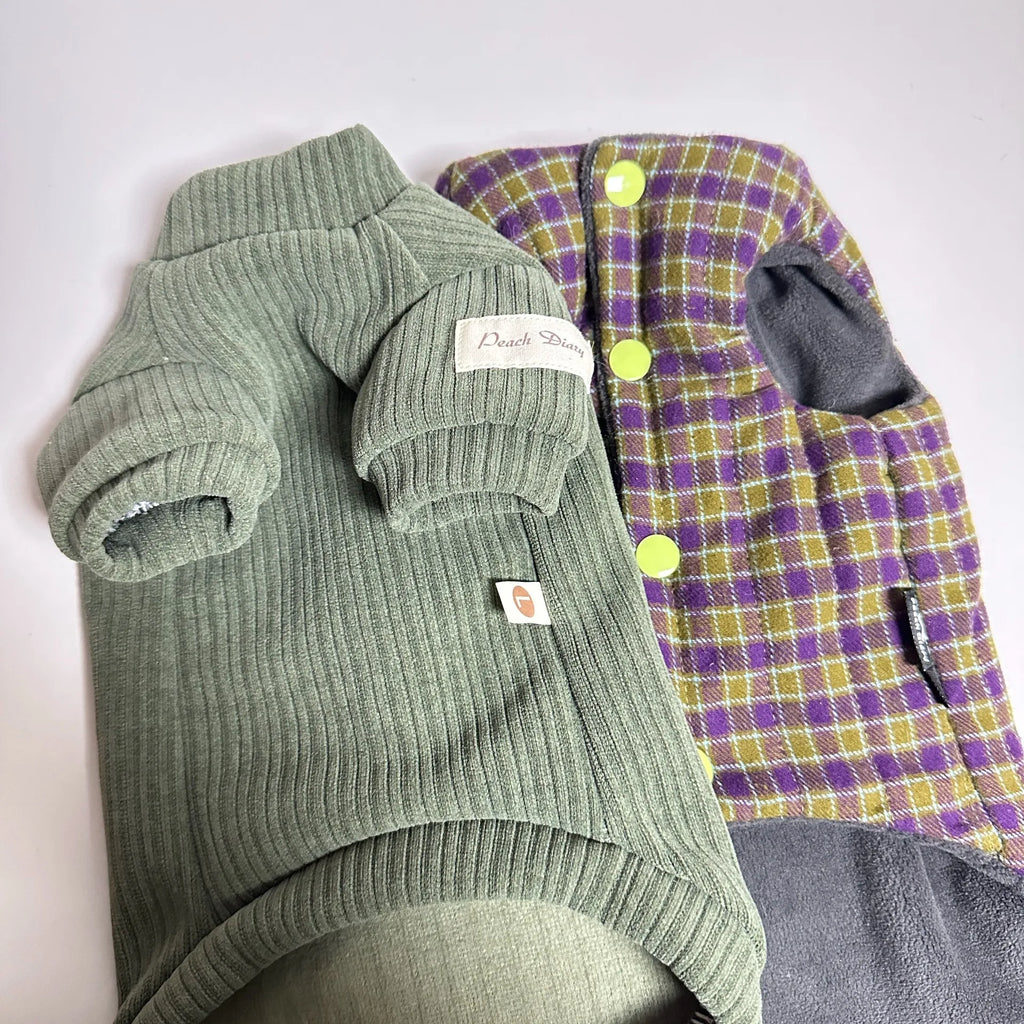 Winter Green Plaid Suit for Cats Thick Fleece Vest Warm Long Sleeves Undercoat for Hairless Cat Spring Sweatshirt for Sphynx