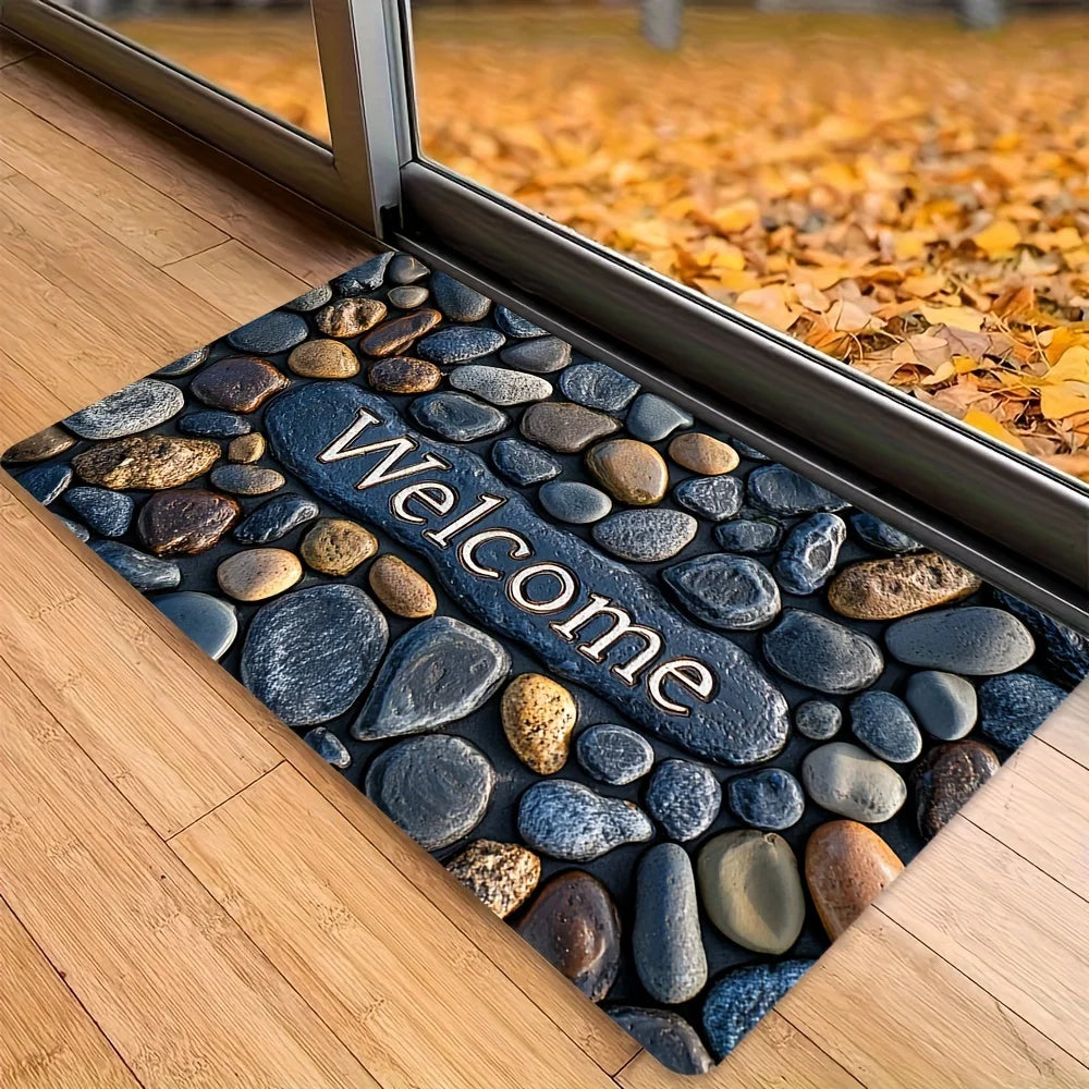 "Welcome on Pebbles" Non-Slip Floor Mat - Indoor and Outdoor Absorbent Foot Mat Suitable for Home Decoration,Durable and Stylish