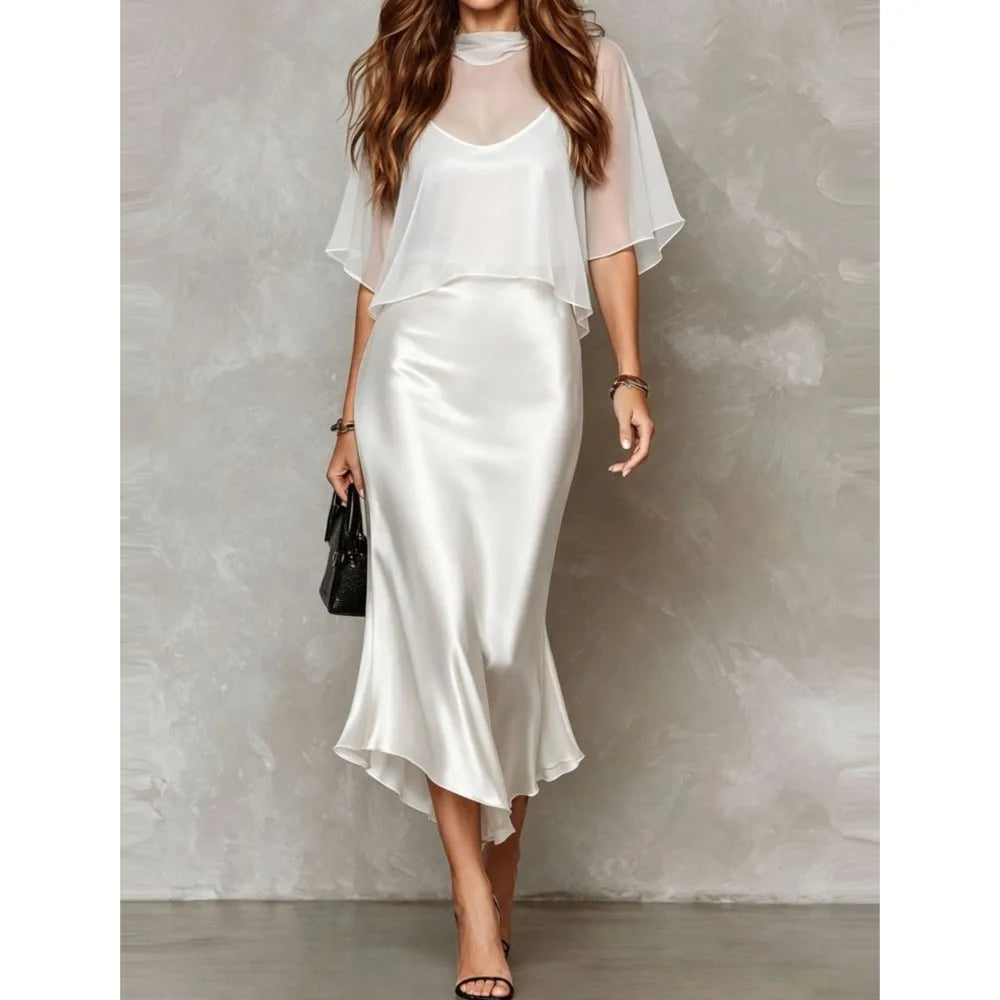 Elegant Women's Chiffon Cape Top Satin Mermaid Dresses Fashion