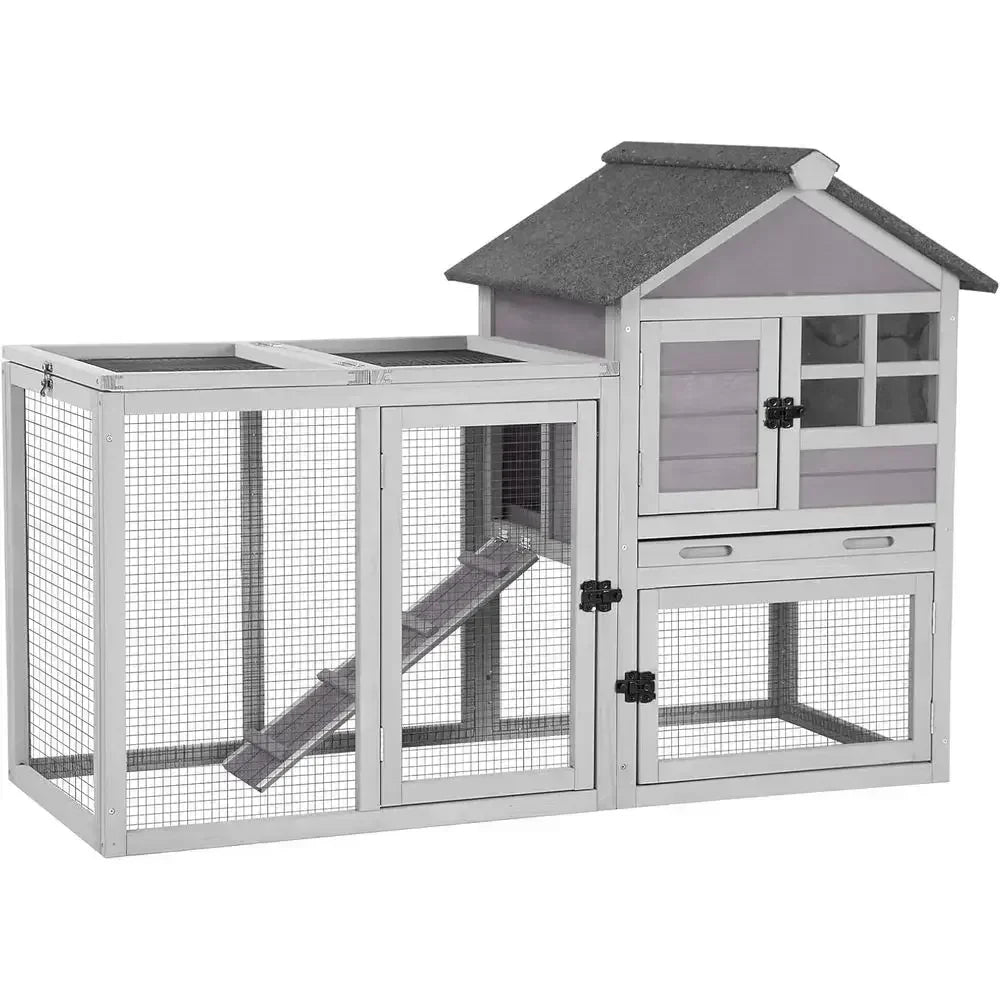 Large Outdoor Indoor Rabbit Hutch with Pull-Out Tray for Chickens, Bunnies, and Guinea Pigs (51.6L x 25.2W x 36.2H, Grey)