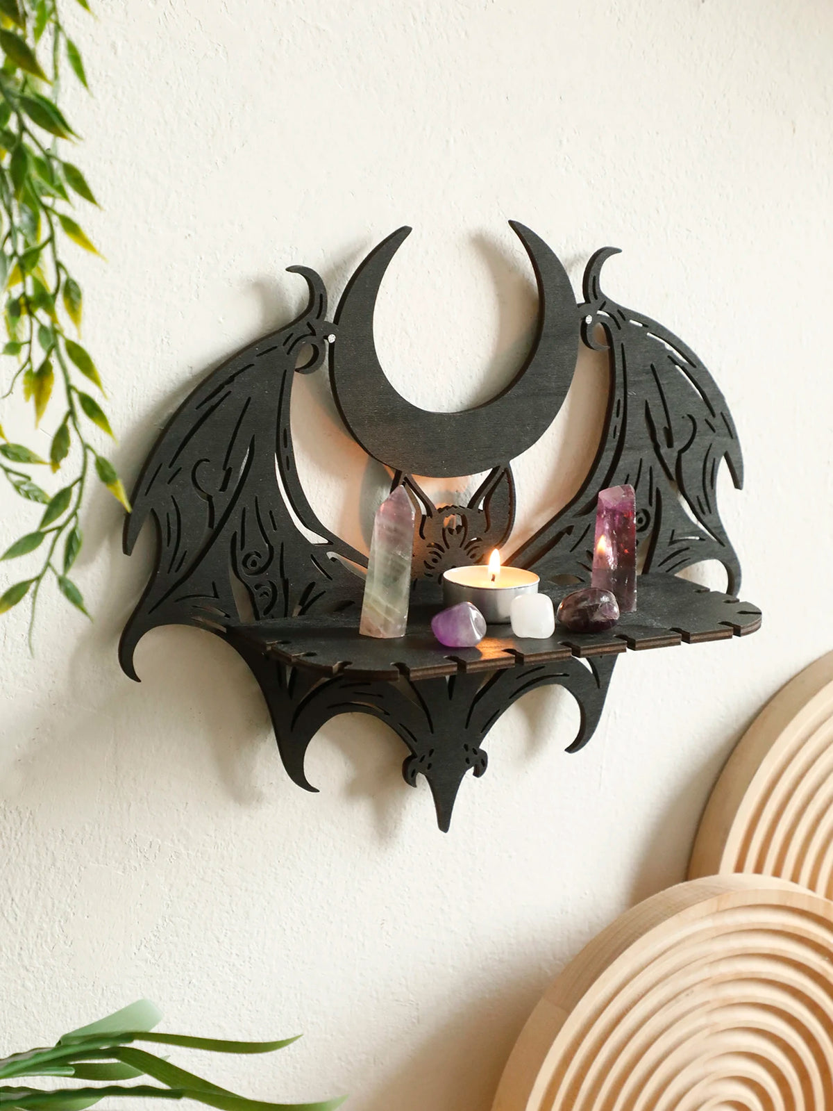 Black Halloween Wooden Wall Shelf Gothic Bat Moon Hollow Pattern Floating Shelf Crystal Holder Goth Home Decor Witch Room Decor