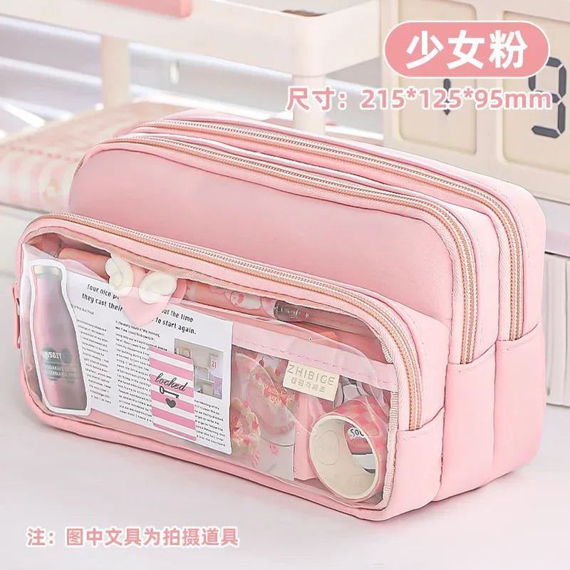 Kawaii Pencil Bag Large Capacity 3 Compartments Pencil Case Pen Pouch Desk Organizer School Supplies Cute Korean Stationery