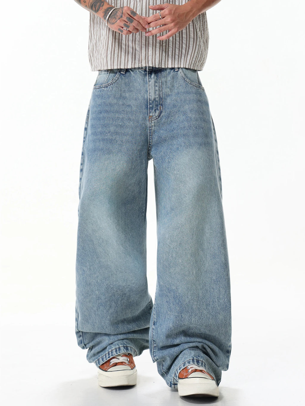 Men's Washed Blue Baggy Wide-Leg Jeans Y2K Street Fashion Casual