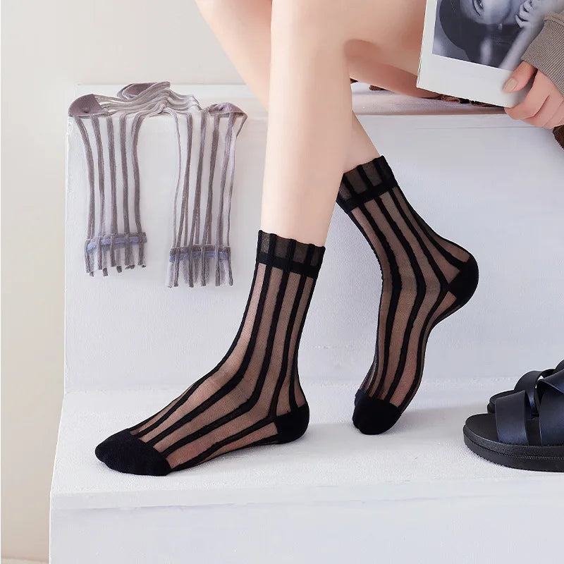 Fashion Striped Summer Socks Women Ultra-thin Transparent Crystal Silk Socks Korean Style Harajuku Streetwear Nylon Long Socks
