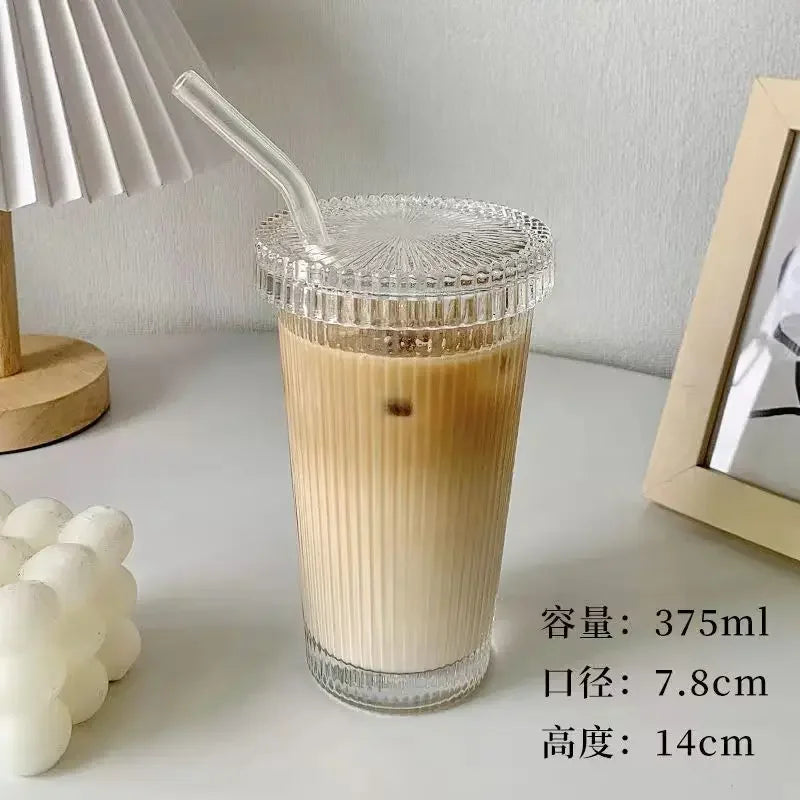 Transparent Coffee Mugs Simple Stripe Glass Cup with Lid Straw Tea Cup Juice Drinking Wine Beer Milk Breakfast Shot Glasses Set